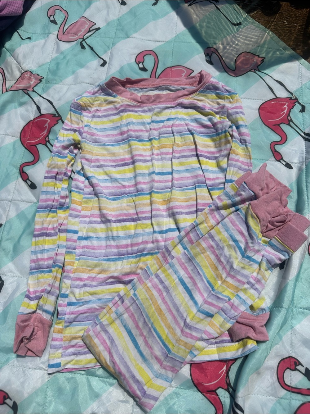 Little Sleepies Pastel Rainbow Striped Long Sleeve Pajama Set with Pink Trim